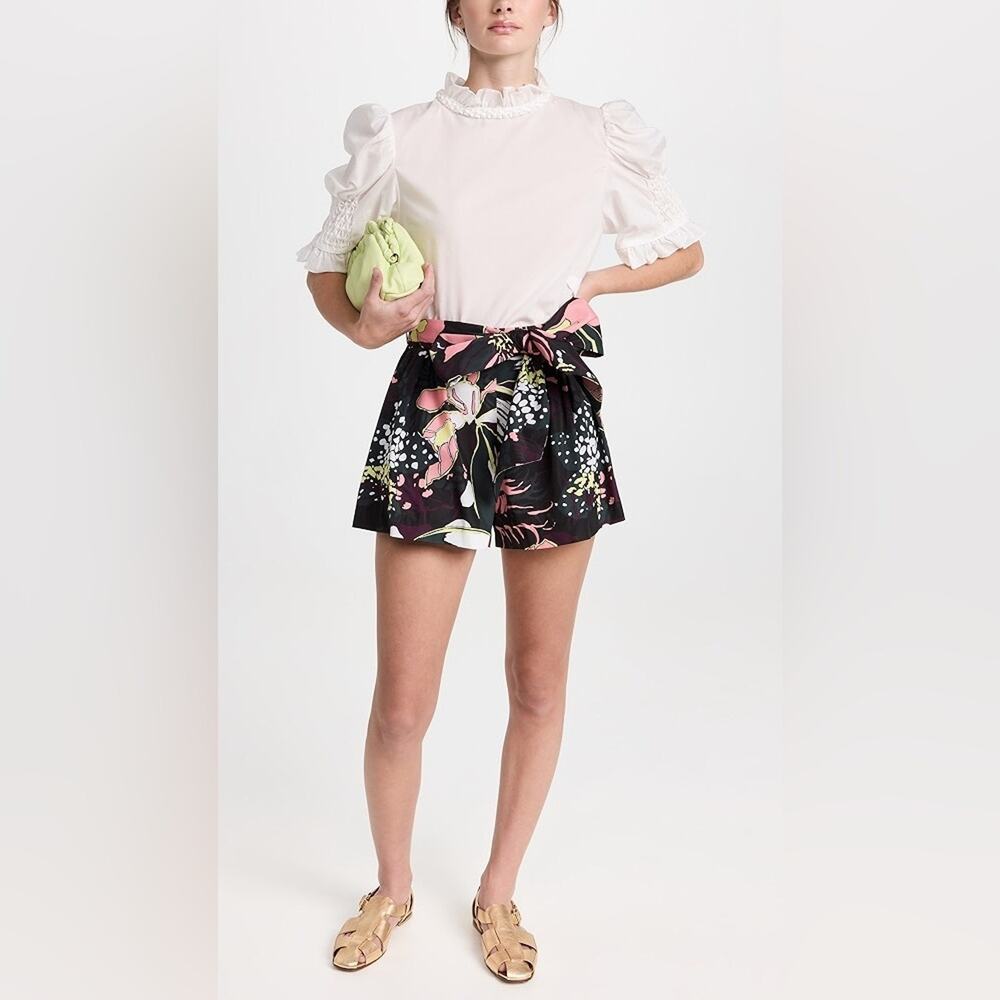 NWT Tanya Taylor Nikiya Short Black Floral Tie Waist Belt Size 18 MSRP $395